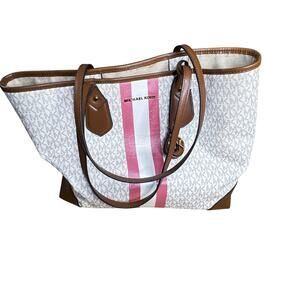 Michael Kors Eva Large Tote White/Ivory Pink Stripe Coated Canvas Purse Bag